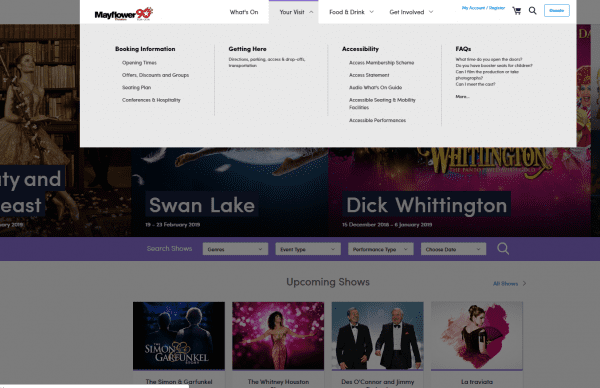 Mayflower Theatre website menu design