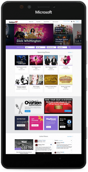 Mayflower theatre website smart phone mockup