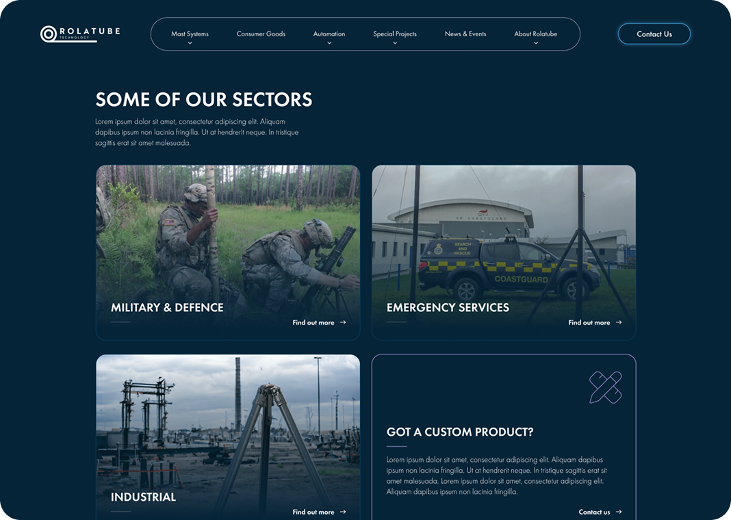 Screenshot of the new Rolatube Sector page.