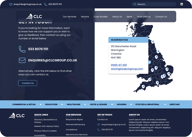 The contact section of the new CLC Group homepage.