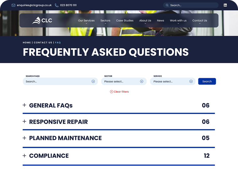 Frequently asked questions section on the new CLC Group homepage.