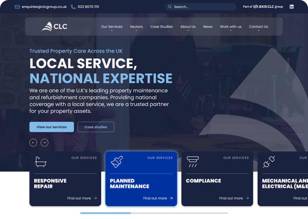 The top section of the new CLC Group homepage.