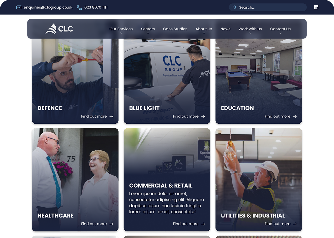 The sector section of the new CLC Group homepage.
