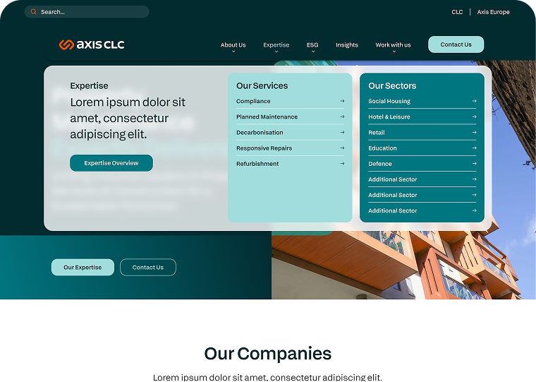 Screenshot of the Expertise navigation bar on the Axis CLC website.