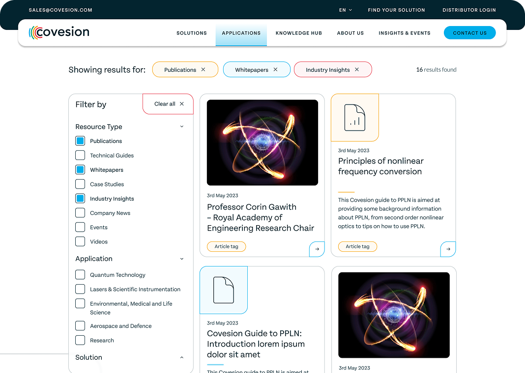 Screenshot of the filter section of the Applications page of the Covesion Website.