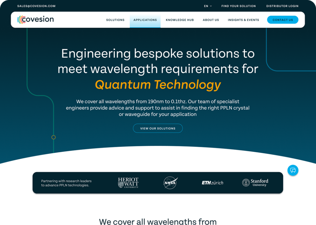 Screenshot of the top section of the Applications page of the Covesion Website.